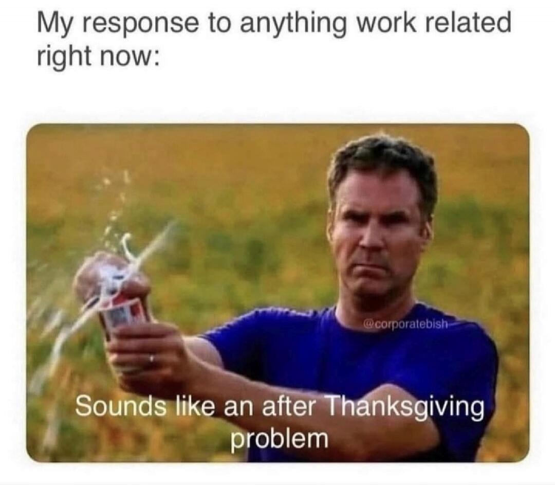 My response to anything work related right now:
Sounds like an after Thanksgiving problem
