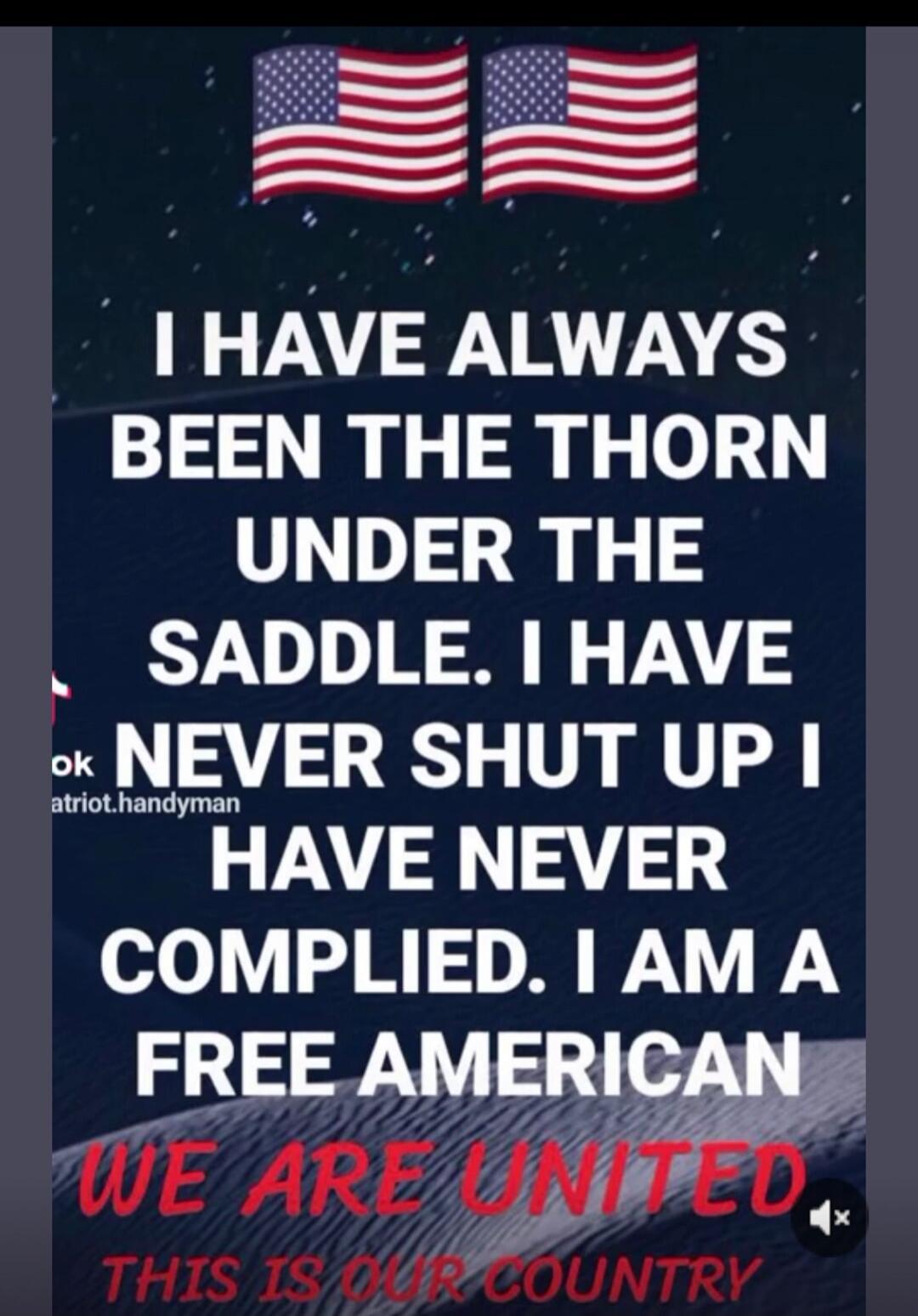 I HAVE ALWAYS BEEN THE THORN UNDER THE SADDLE. I HAVE NEVER SHUT UP I HAVE NEVER COMPLIED. I AM A FREE AMERICAN WE ARE UNITED THIS IS OUR COUNTRY