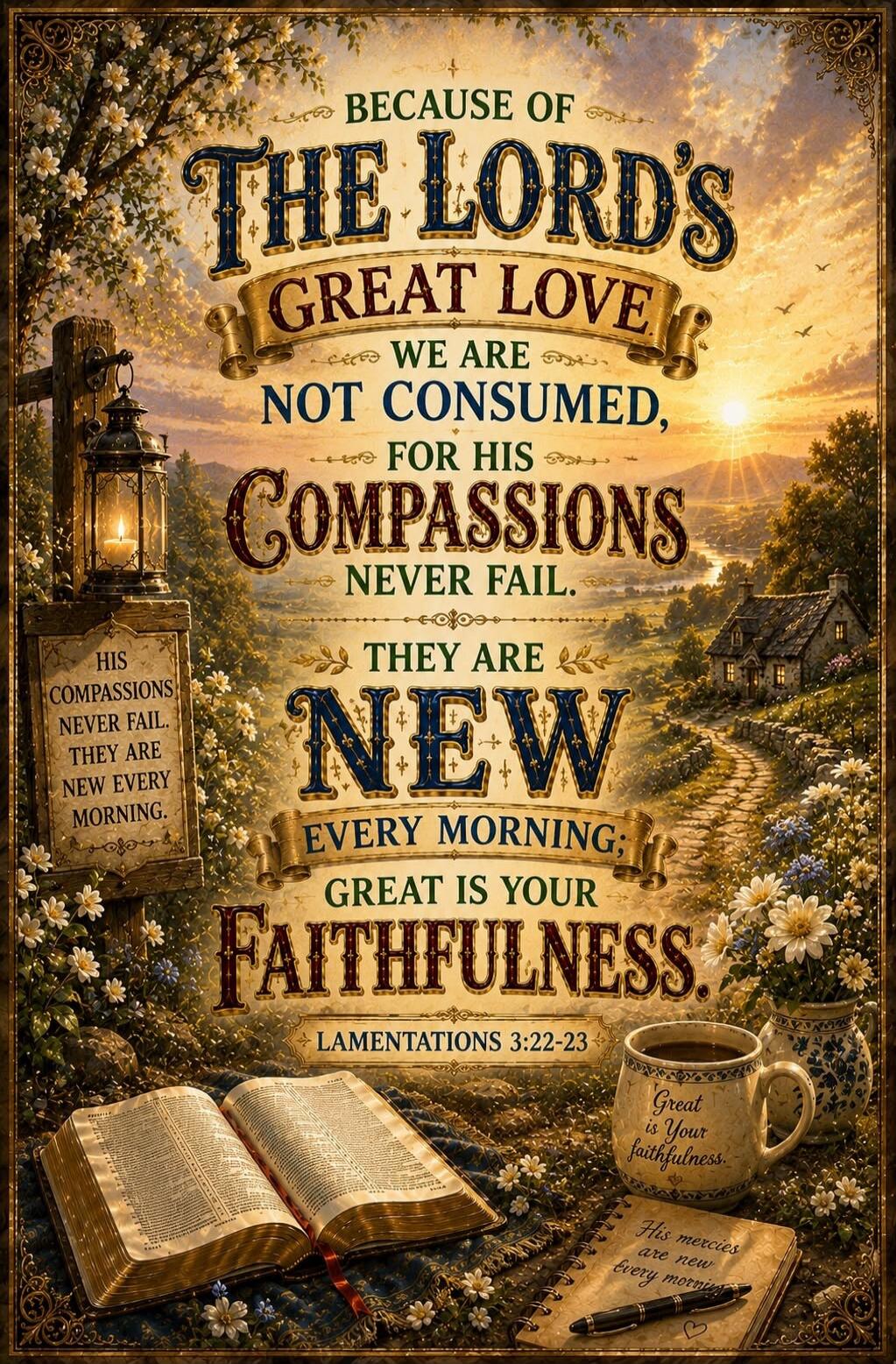BECAUSE OF THE LORD'S GREAT LOVE WE ARE NOT CONSUMED, FOR HIS COMPASSIONS NEVER FAIL. THEY ARE NEW EVERY MORNING; GREAT IS YOUR FAITHFULNESS. LAMENTATIONS 3:22-23. His compassions never fail. They are new every morning. Great is Your faithfulness. His mercies are new every morning.