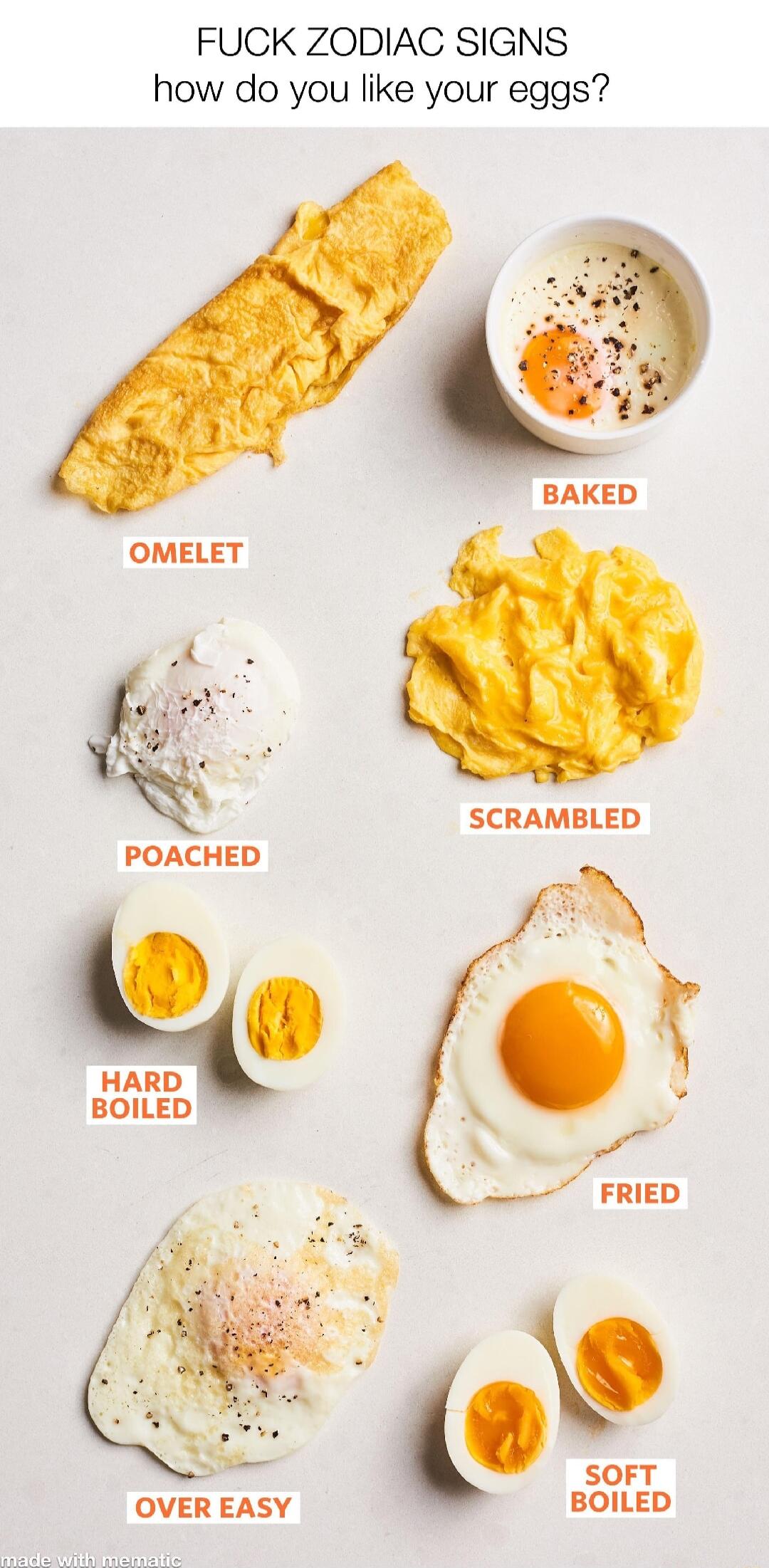 FUCK ZODIAC SIGNS how do you like your eggs OMELET SCRAMBLED POACHED HARD BOILED OVER EASY