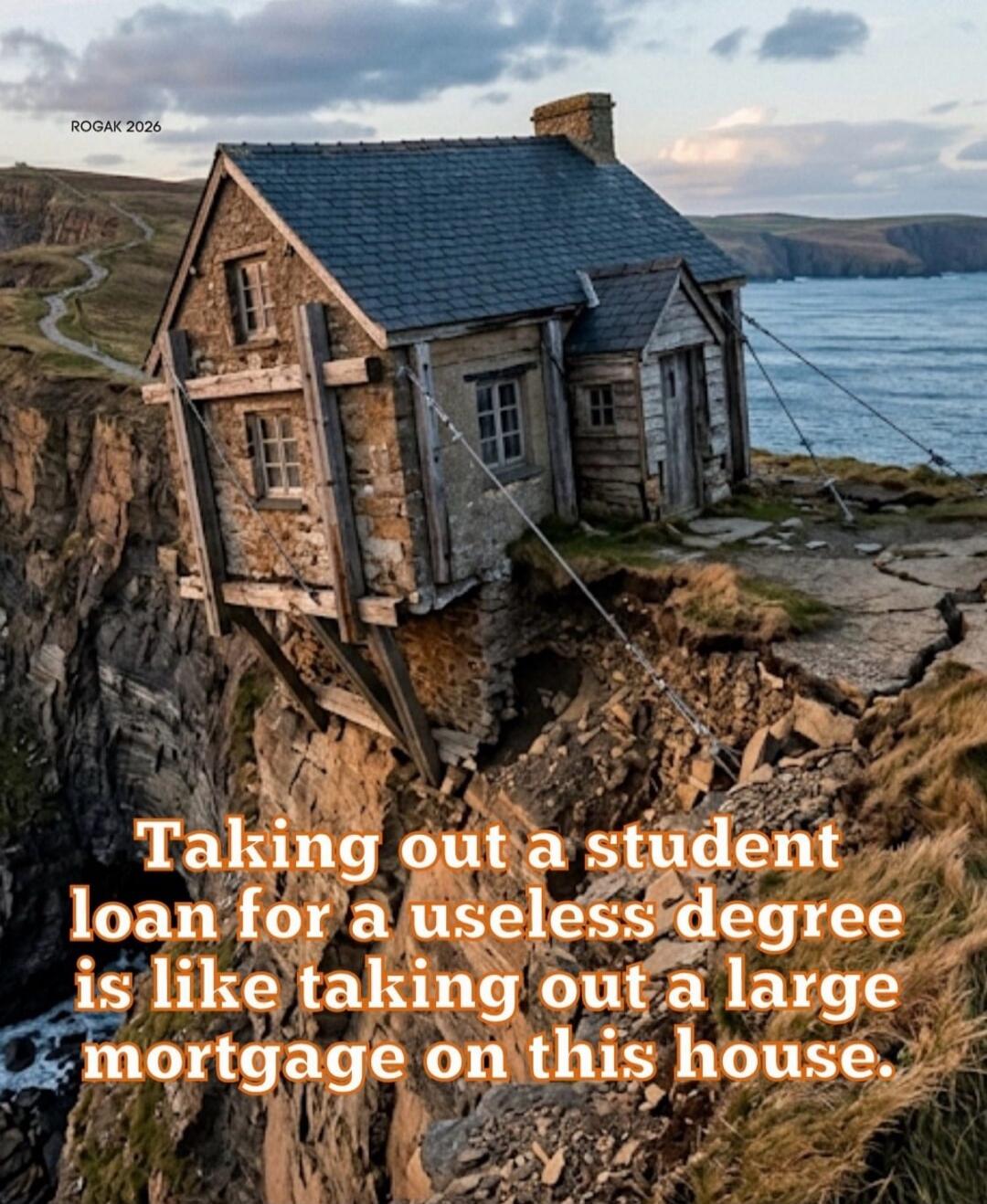 ROGAK 2026. Taking out a student loan for a useless degree is like taking out a large mortgage on this house.