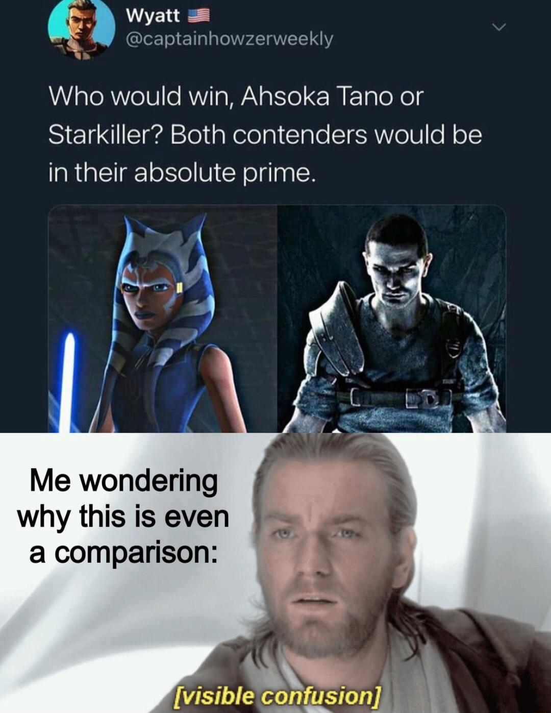 Wyatt captainhowzerweekly Who would win Ahsoka Tano or Starkiller Both contenders would be in their absolute prime Me wondering y this is even a comparison