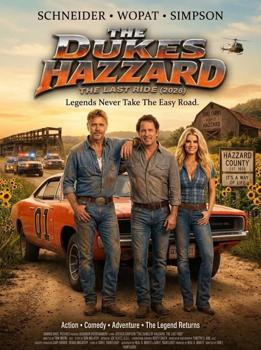 SCHNEIDER WOPAT SIMPSON THE DUKES HAZZARD THE LAST RIDE (2026) Legends Never Take The Easy Road. DUKE FARMS KEEP IT HAZZARD HAZZARD COUNTY EST. 1835 IT'S A WAY OF LIFE 01 GEN LEE Action Comedy Adventure The Legend Returns WARNER BROS. PICTURES PRESENTS BERENSON ENTERTAINMENT A FILM JESSICA SIMPSON 