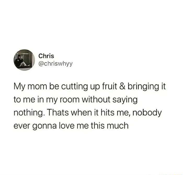 Chris chriswhyy My mom be cutting up fruit bringing it to me in my room without saying nothing Thats when it hits me nobody ever gonna love me this much