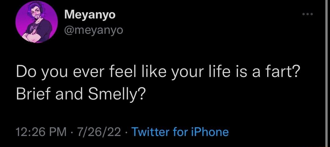Meyanyo meyanyo Do you ever feel like your life is a fart 2 Tale STy 111V 1226 PM 72622 Twitter for iPhone