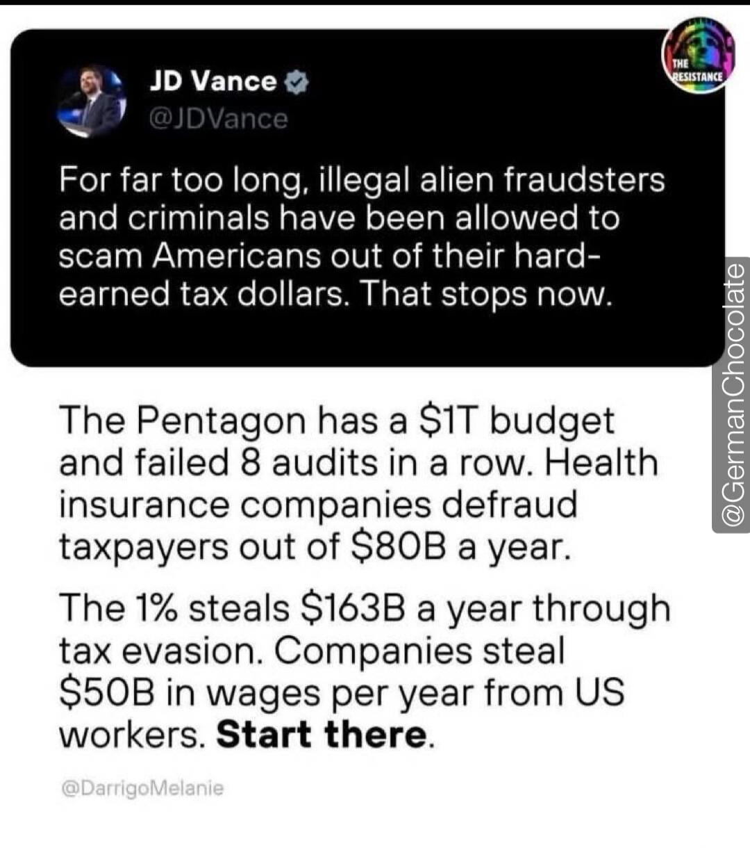 JD Vance @JDVance For far too long, illegal alien fraudsters and criminals have been allowed to scam Americans out of their hard-earned tax dollars. That stops now. The Pentagon has a $1T budget and failed 8 audits in a row. Health insurance companies defraud taxpayers out of $80B a year. The 1% steals $163B a year through tax evasion. Companies st