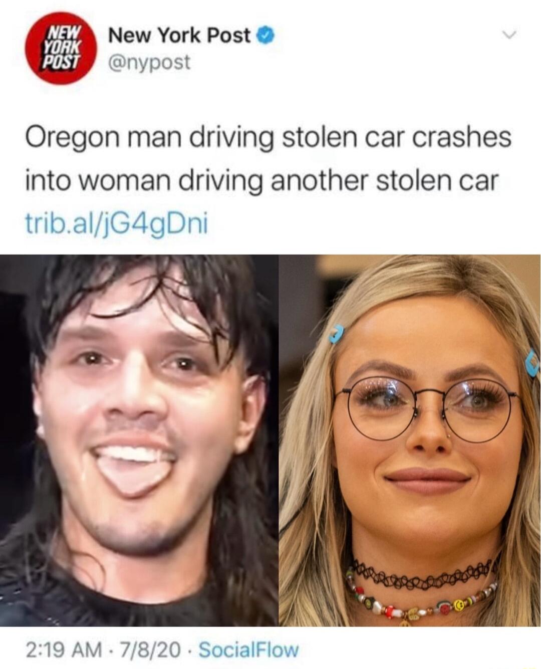 4 New York Post QP cnvpost Oregon man driving stolen car crashes into woman driving another stolen car tribaljG4gDni 219 AM 7820 SocialFlow