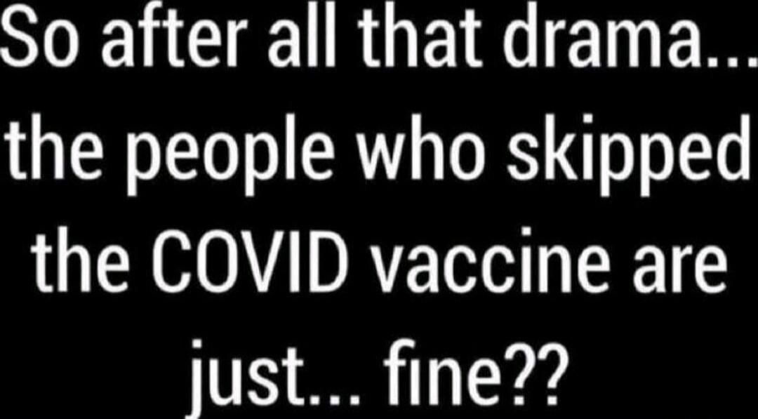 So after all that drama... the people who skipped the COVID vaccine are just... fine??
Session ID: 1054303.