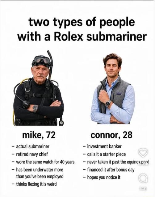 two types of people with a Rolex submariner. Mike, 72: actual submariner, retired navy chief, wore the same watch for 40 years, has been underwater more than you've been employed, thinks flexing it is weird. Connor, 28: investment banker, calls it a starter piece, never taken it past the equinox pool, financed it after bonus day, hopes you notice i