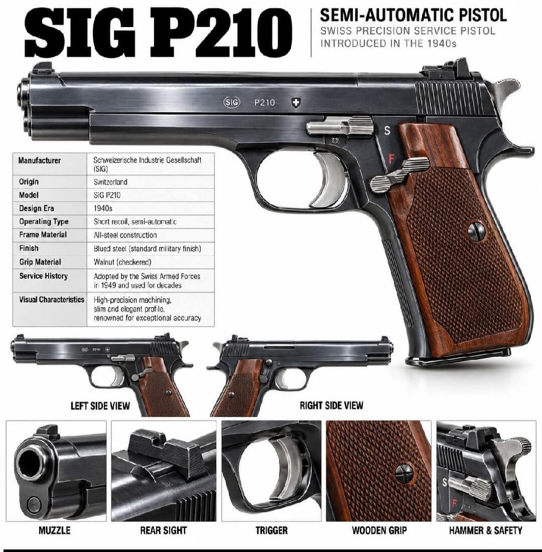 SIG P210 SEMI-AUTOMATIC PISTOL SWISS PRECISION SERVICE PISTOL INTRODUCED IN THE 1940s Manufacturer Schweizerische Industrie Gesellschaft (SIG) Origin Switzerland Model SIG P210 Design Era 1940s Operating Type Short recoil, semi-automatic Frame Material All-steel construction Finish Blued steel (standard military finish) Grip Material Walnut (checke