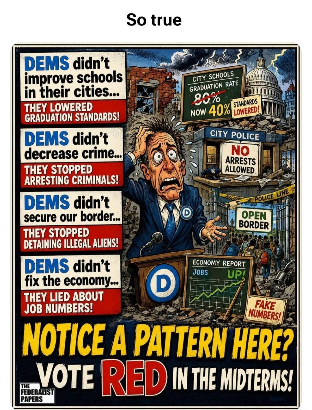 So true. DEMS didn't improve schools in their cities... THEY LOWERED GRADUATION STANDARDS! DEMS didn't decrease crime... THEY STOPPED ARRESTING CRIMINALS! DEMS didn't secure our border... THEY STOPPED DETAINING ILLEGAL ALIENS! DEMS didn't fix the economy... THEY LIED ABOUT JOB NUMBERS! NOTICE A PATTERN HERE? VOTE RED IN THE MIDTERMS! City Schools G