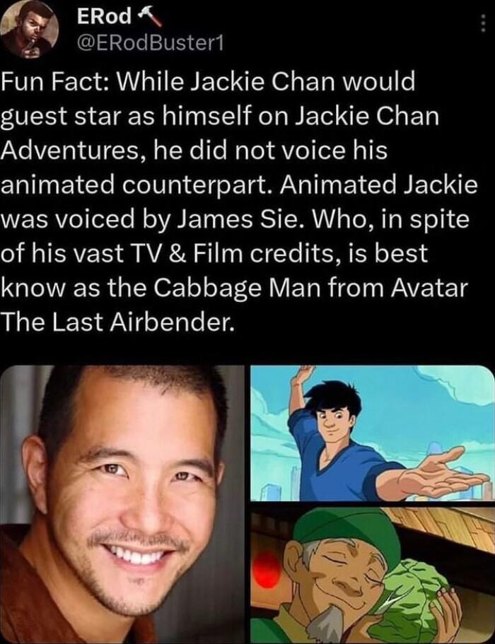 f oy ERod A ERodBustert Fun Fact While Jackie Chan would guest star as himself on Jackie Chan Adventures he did not voice his animated counterpart Animated Jackie was voiced by James Sie Who in spite of his vast TV Film credits is best QIR TN o ol EY CHV ETL RideTs WAV 218 The Last Airbender