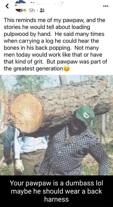 3 This reminds me of my pawpaw and the stories he would tell about loading pulpwood by hand He said many times when carrying a log he could hear the bones in his back popping Not many men today would work like that or have that kind of grit But pawpaw was part of the greatest generation Your pawpaw is a dumbass lol maybe he should wear a back HETGERS