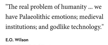 The real problem of humanity we have Palaeolithic emotions medieval institutions and godlike technology EO Wilson Source An Intellectual Entente