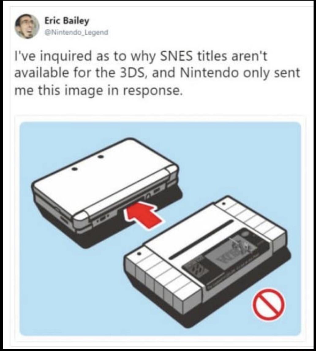 o ric Bailey Ive inquired as to why SNES titles arent available for the 3DS and Nintendo only sent me this image in response