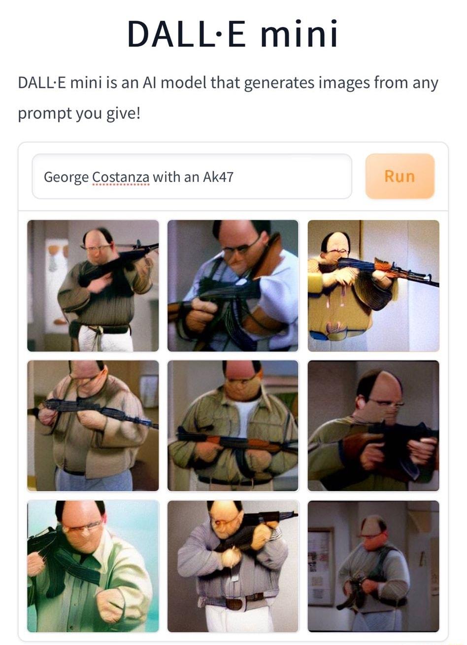 DALL E mini DALLE mini is an Al model that generates images from any prompt you givel George Costanza with an Ak4T