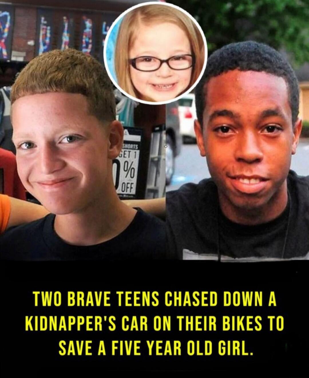 Two brave teens chased down a kidnapper's car on their bikes to save a five year old girl.