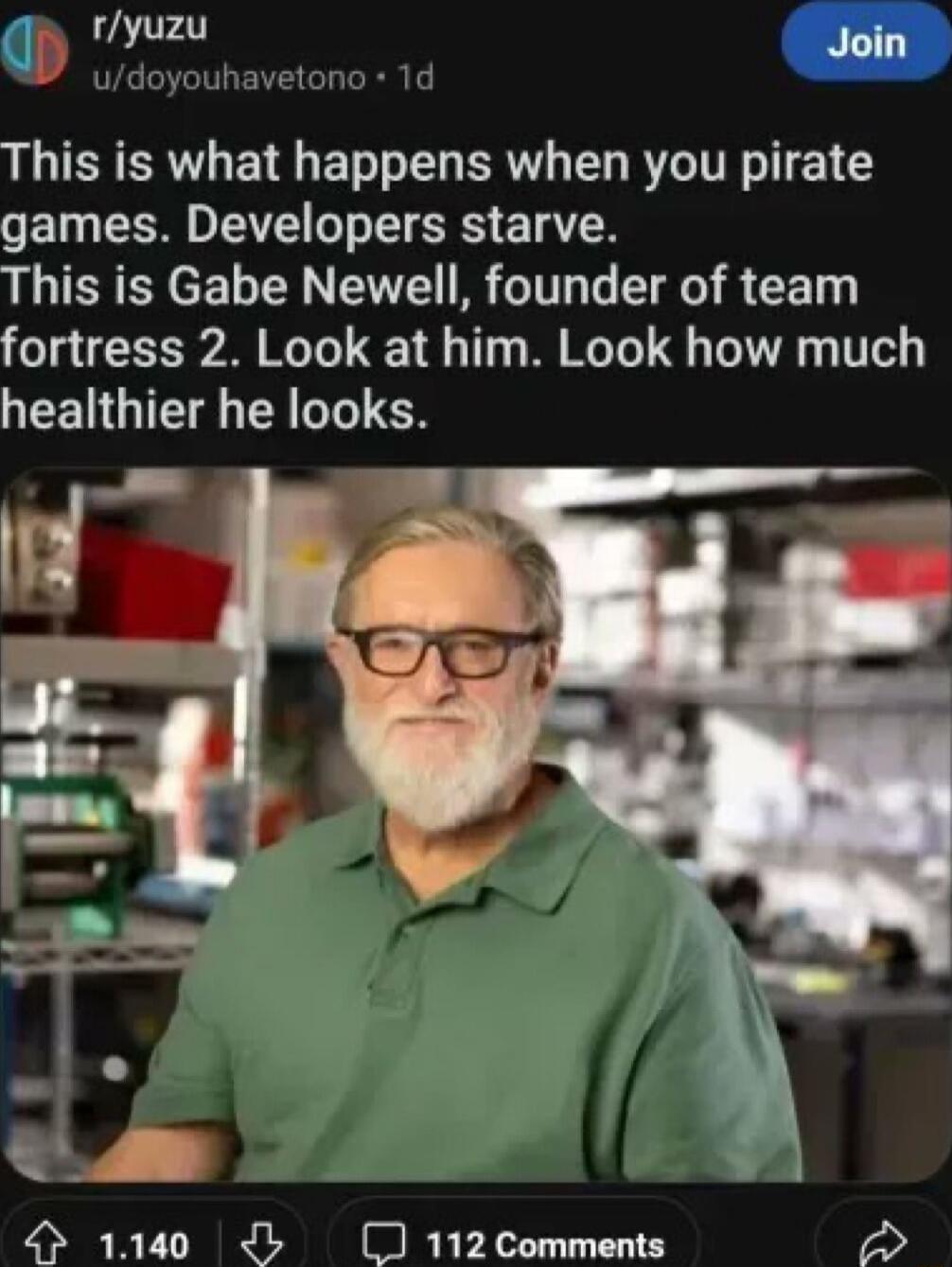 L W udoyouhavetono 1d LEEERTL EVG ET L ER L B ITR T 21 games Developers starve This is Gabe Newell founder of team fortress 2 Look at him Look how much healthier he looks e O 1140 O Dnzcmmmr