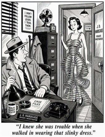 I DON'T FOLLOW LEADS. I TRAIL THEM. J.D. HARDCASE PRIVATE INVESTIGATOR ELEVATOR IN WORLD'S WEARIEST DETECTIVE CASE FILES I knew she was trouble when she walked in wearing that slinky dress.