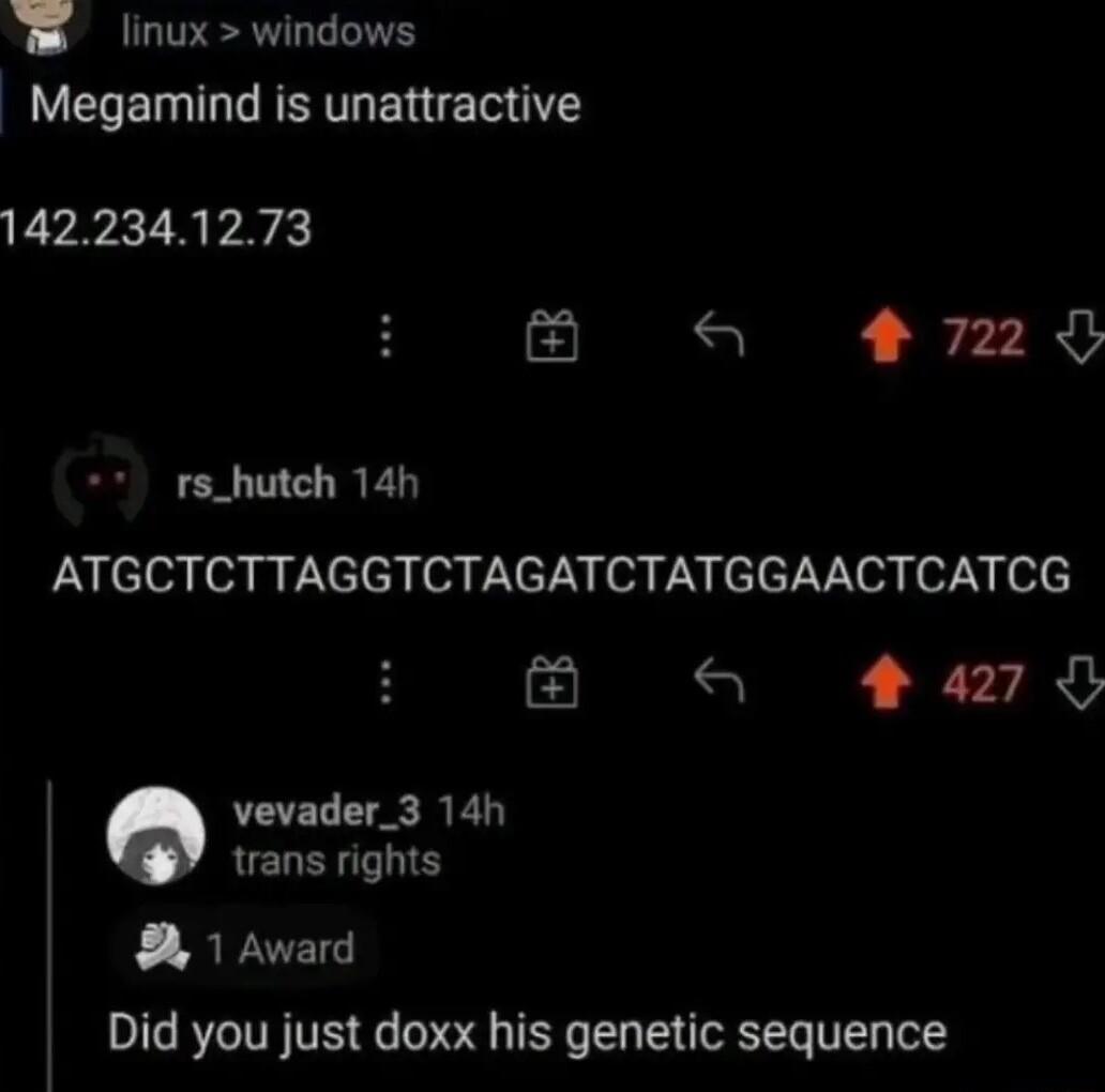 linuxwindows Megamind is unattractive 1422341273 a 228 EL T RED PN cloy 03 nyNeler o 7XeT oa PN eleT VX os o7 N olc a 427 8 vevader_3 14h trans rights S Did you just doxx his genetic sequence