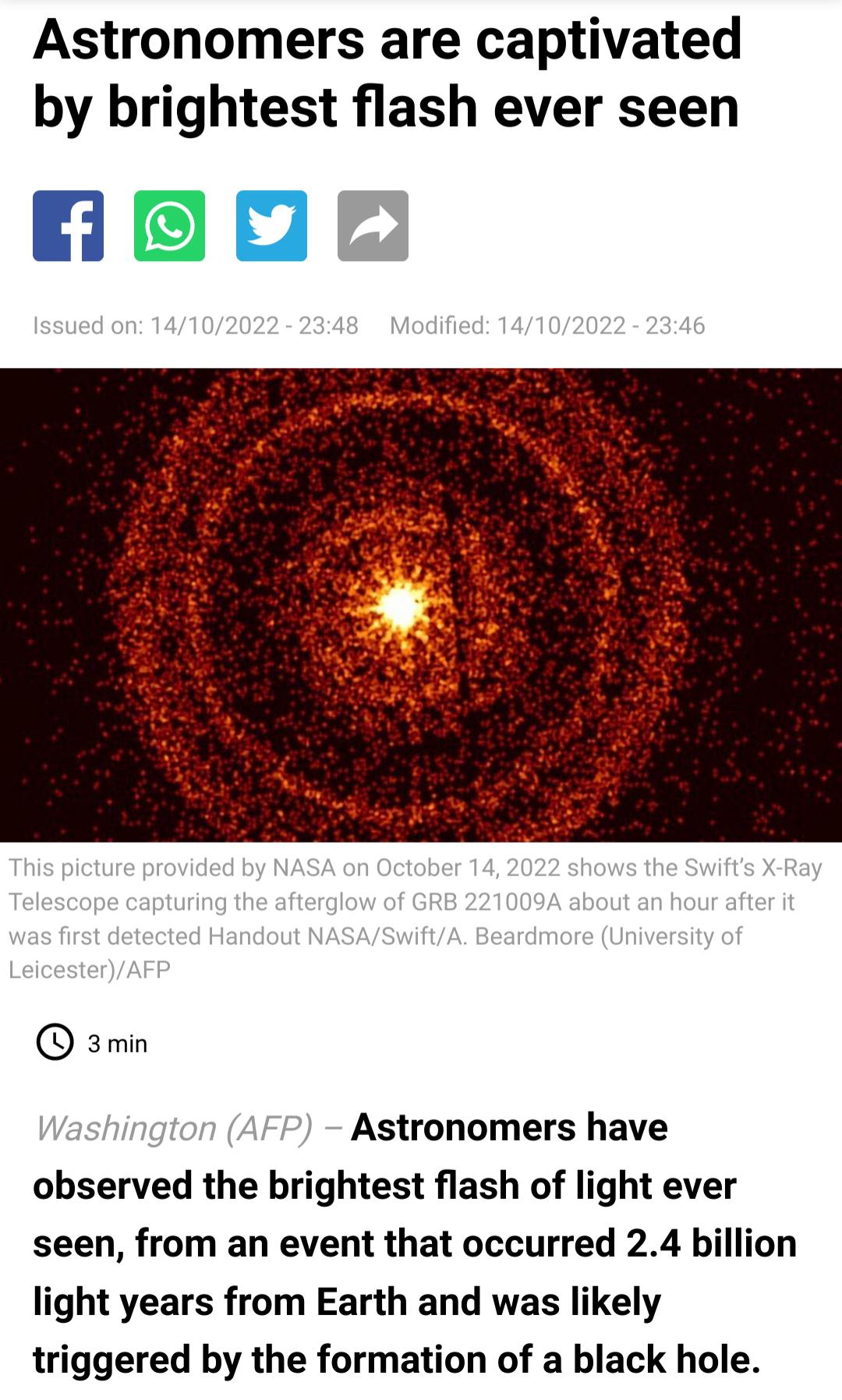 Astronomers are captivated by brightest flash ever seen smin Astronomers have observed the brightest flash of light ever seen from an event that occurred 24 billion light years from Earth and was likely triggered by the formation of a black hole