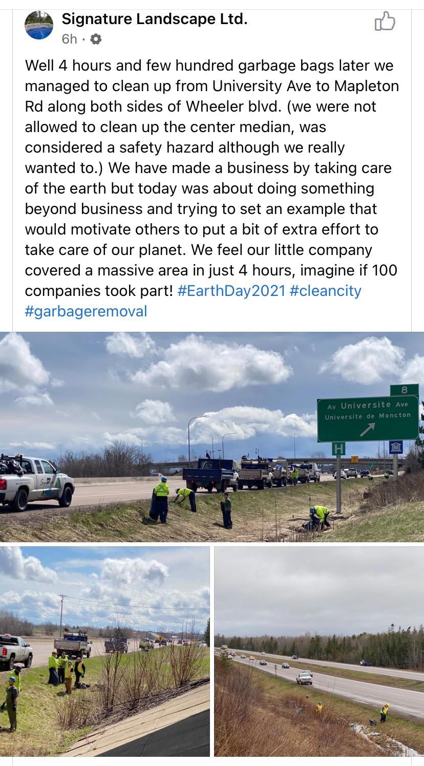 Signature Landscape Ltd 6h Well 4 hours and few hundred garbage bags later we managed to clean up from University Ave to Mapleton Rd along both sides of Wheeler blvd we were not allowed to clean up the center median was considered a safety hazard although we really wanted to We have made a business by taking care of the earth but today was about doing something beyond business and trying to set an
