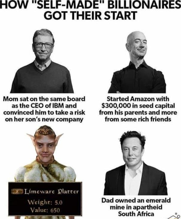 HOW SELF MADE BILLIONAIRES GOT THEIR START Mo sat on the same board Started Amazon with as the CEO of IBM and 300000 in seed capital convinced him totake arisk from his parents and more on her sons new company from some rich friends Dad owned an emerald mine in apartheid South Africa