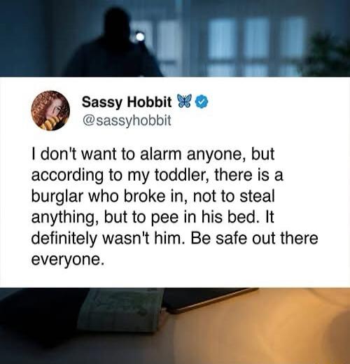 I don't want to alarm anyone, but according to my toddler, there is a burglar who broke in, not to steal anything, but to pee in his bed. It definitely wasn't him. Be safe out there everyone.