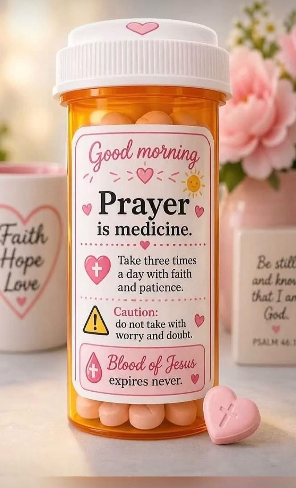 Good morning. Prayer is medicine. Take three times a day with faith and patience. Caution: do not take with worry and doubt. Blood of Jesus expires never. Faith Hope Love. Be still and know that I am God. PSALM 46:10.