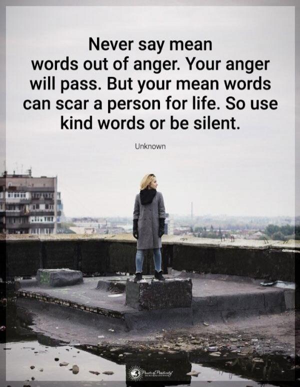 Never say mean words out of anger. Your anger will pass. But your mean words can scar a person for life. So use kind words or be silent.