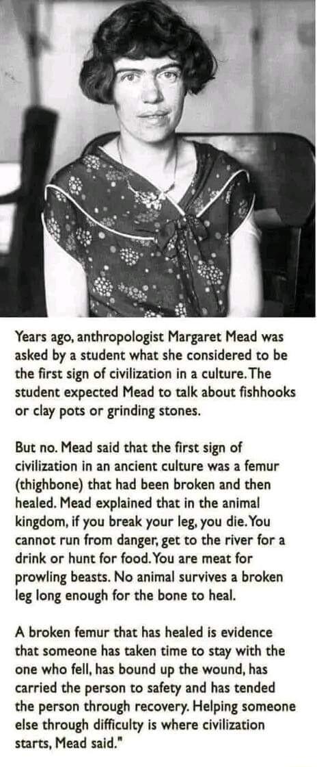 Years ago anthropologist Margaret Mead was asked by a student what she considered to be the first sign of civilization in a culture The student expected Mead to talk about fishhooks or clay pots or grinding stones But no Mead said that the first sign of civilization in an ancient culture was a femur thighbone that had been broken and then healed Mead explained that in the animal kingdom if you bre