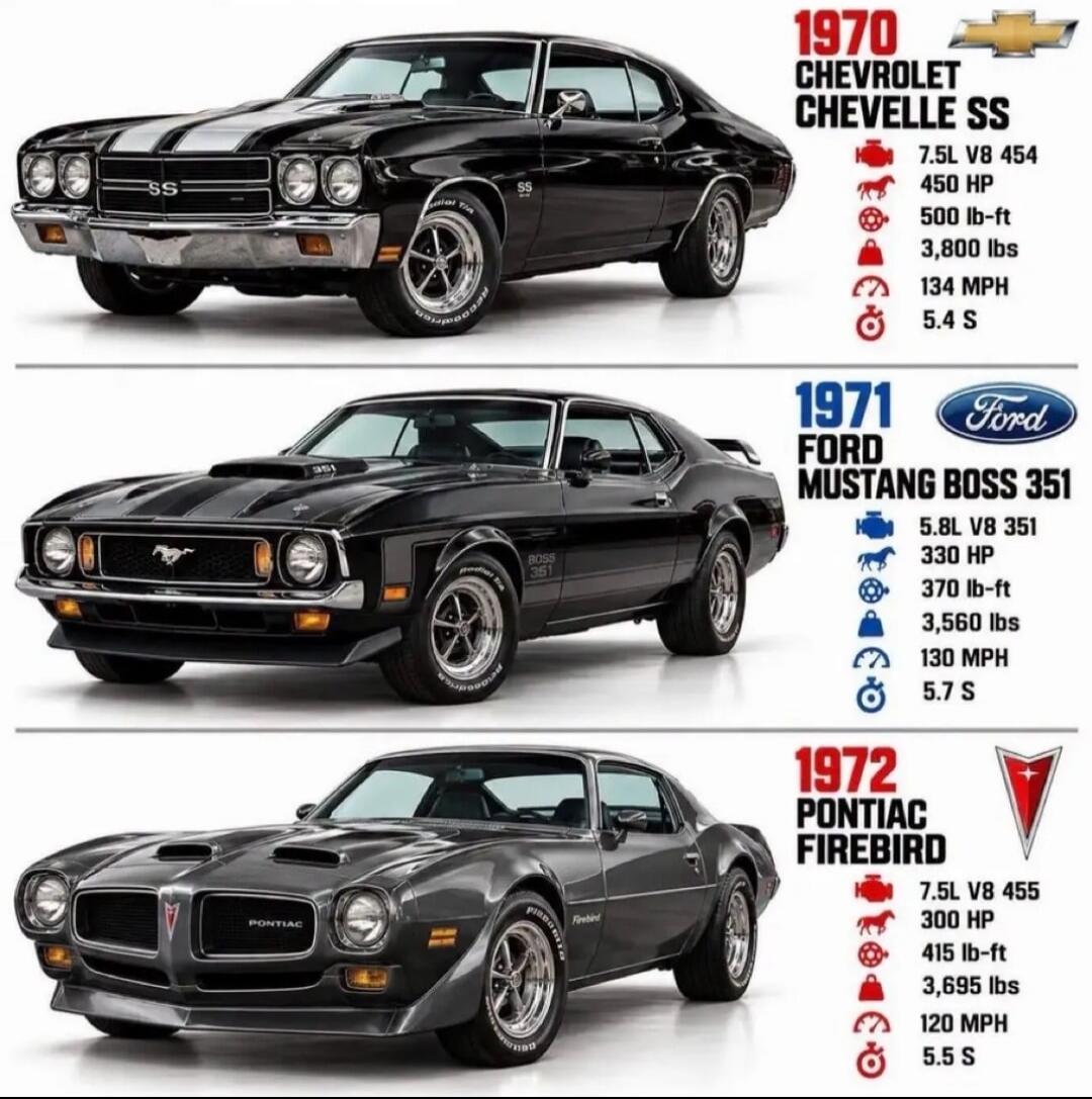 1970 Chevrolet Chevelle SS 7.5L V8 454 450 HP 500 lb-ft 3,800 lbs 134 MPH 5.4 S. 1971 Ford Mustang Boss 351 5.8L V8 351 330 HP 370 lb-ft 3,560 lbs 130 MPH 5.7 S. 1972 Pontiac Firebird 7.5L V8 455 300 HP 415 lb-ft 3,695 lbs 120 MPH 5.5 S
