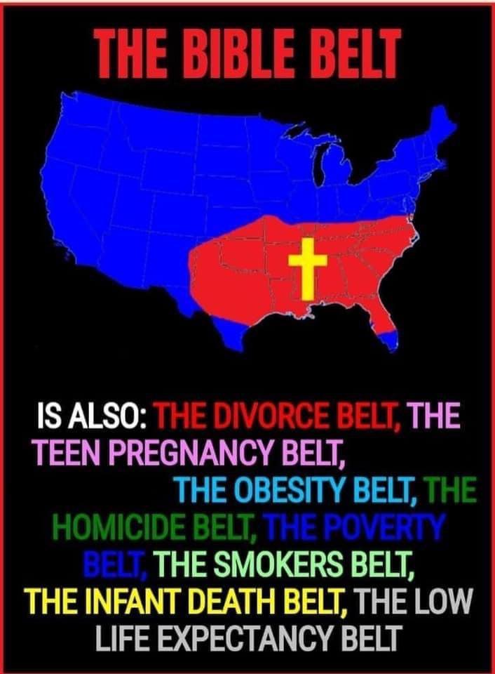 THE BIBLE BELT IS ALSO THE DIVORCE BELT THE TEEN PREGNANCY BELT THE OBESITY BELT THE HOMICIDE BELT THE POVERTY THE SMOKERS BELT THE INFANT DEATH BELT THE LOW LIFE EXPECTANCY BELT