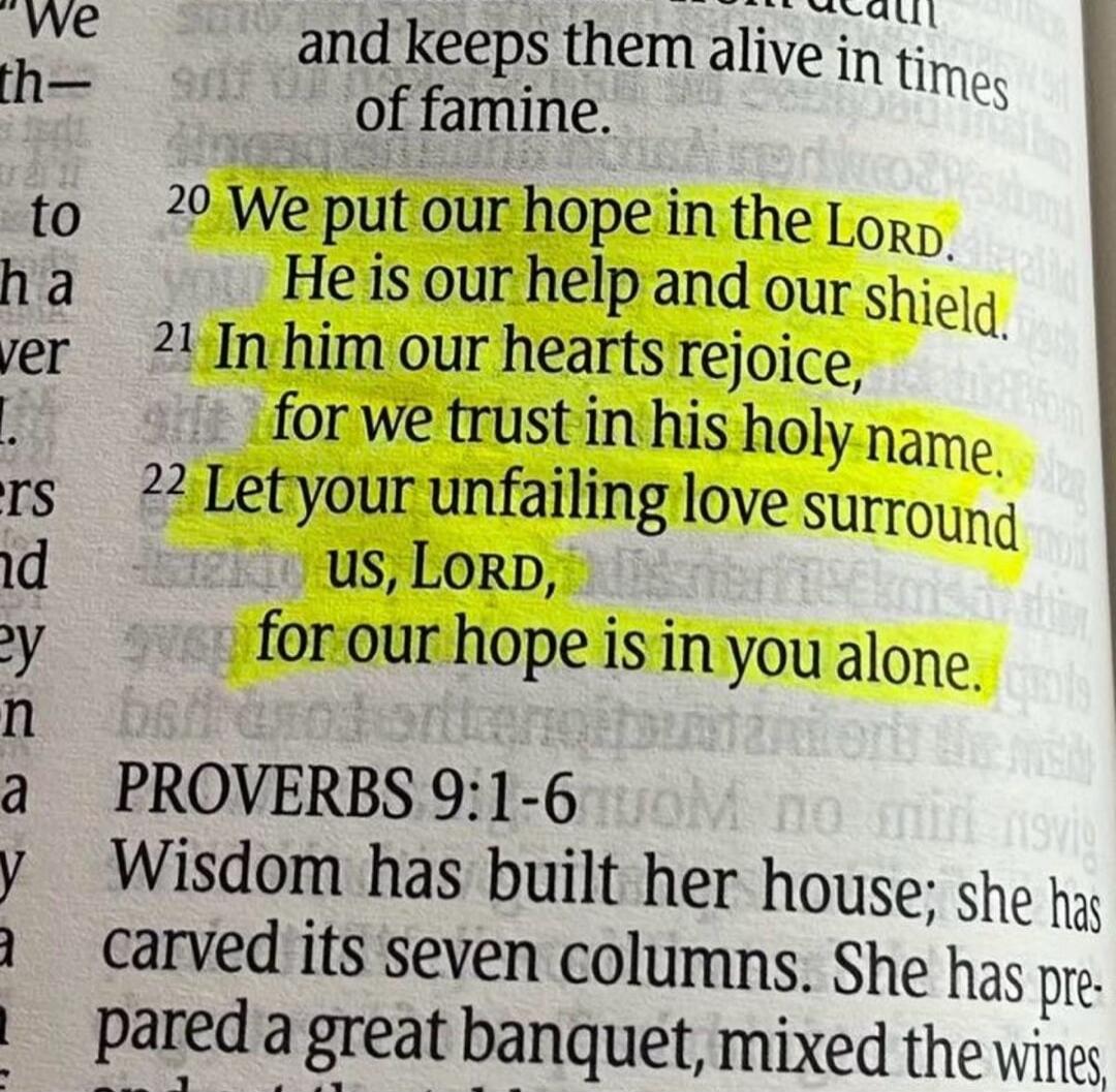 We put our hope in the LORD. He is our help and our shield. In him our hearts rejoice, for we trust in his holy name. Let your unfailing love surround us, LORD, for our hope is in you alone.