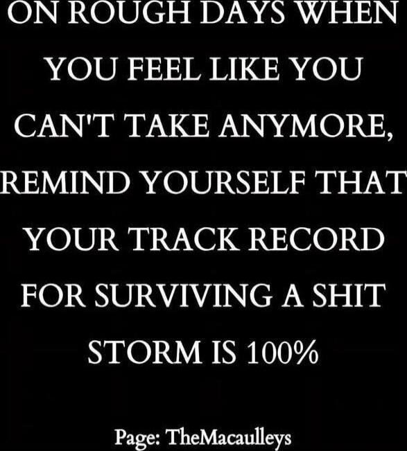 ON ROUGH DAYS WHEN YOU FEEL LIKE YOU CAN'T TAKE ANYMORE, REMIND YOURSELF THAT YOUR TRACK RECORD FOR SURVIVING A SHIT STORM IS 100% Page: TheMacaulleys