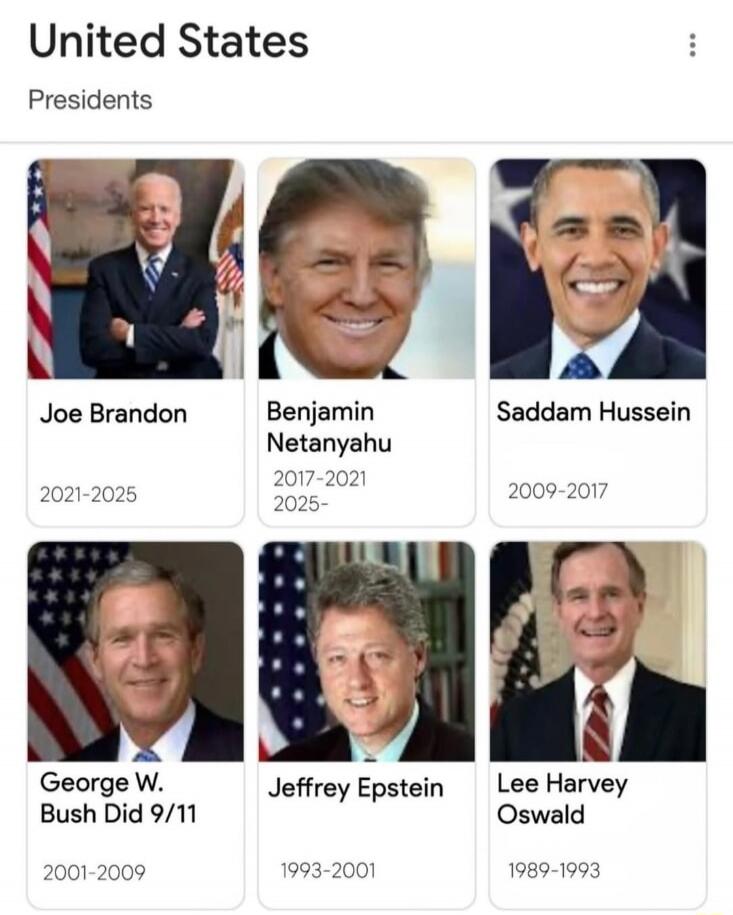 United States Presidents
Presidents
Joe Brandon
2021-2025
Benjamin Netanyahu
2017-2021
2025-
Saddam Hussein
2009-2017
George W. Bush 9/11
2001-2009
Jeffrey Epstein
1993-2001
Lee Harvey Oswald
1989-1993