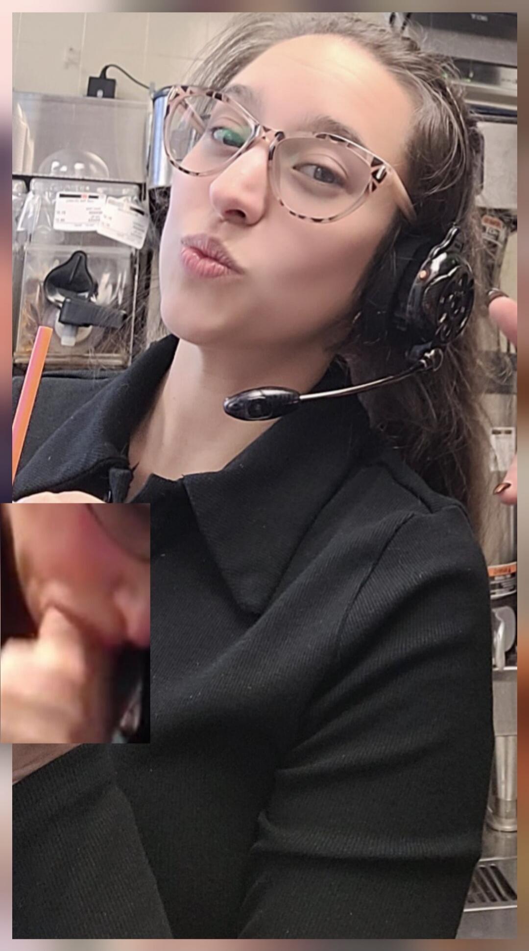 A woman wearing glasses and a headset makes a duck face expression.