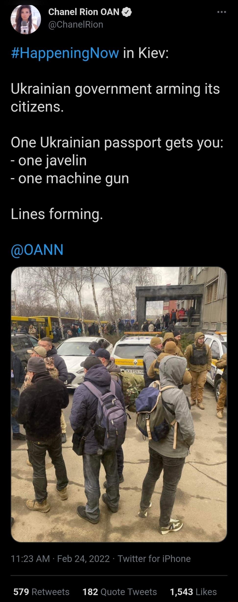 Chanel Rion OAN QIR HappeningNow in Kiev Ukrainian government arming its citizens O CRUINEIIETAN o EETS olo g Qe R Yo1UK S UCIEVEUD one machine gun Lines forming OANN 1123 AM Feb 24 2022 Twitter for iPhone YL RS SO 7 X 010To R VTS S KLY NG