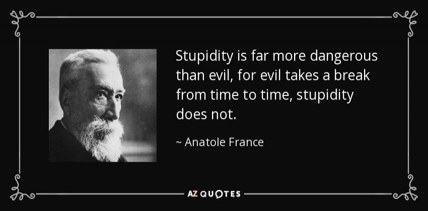 Stupidity is far more dangerous than evil, for evil takes a break from time to time, stupidity does not. 

- Anatole France