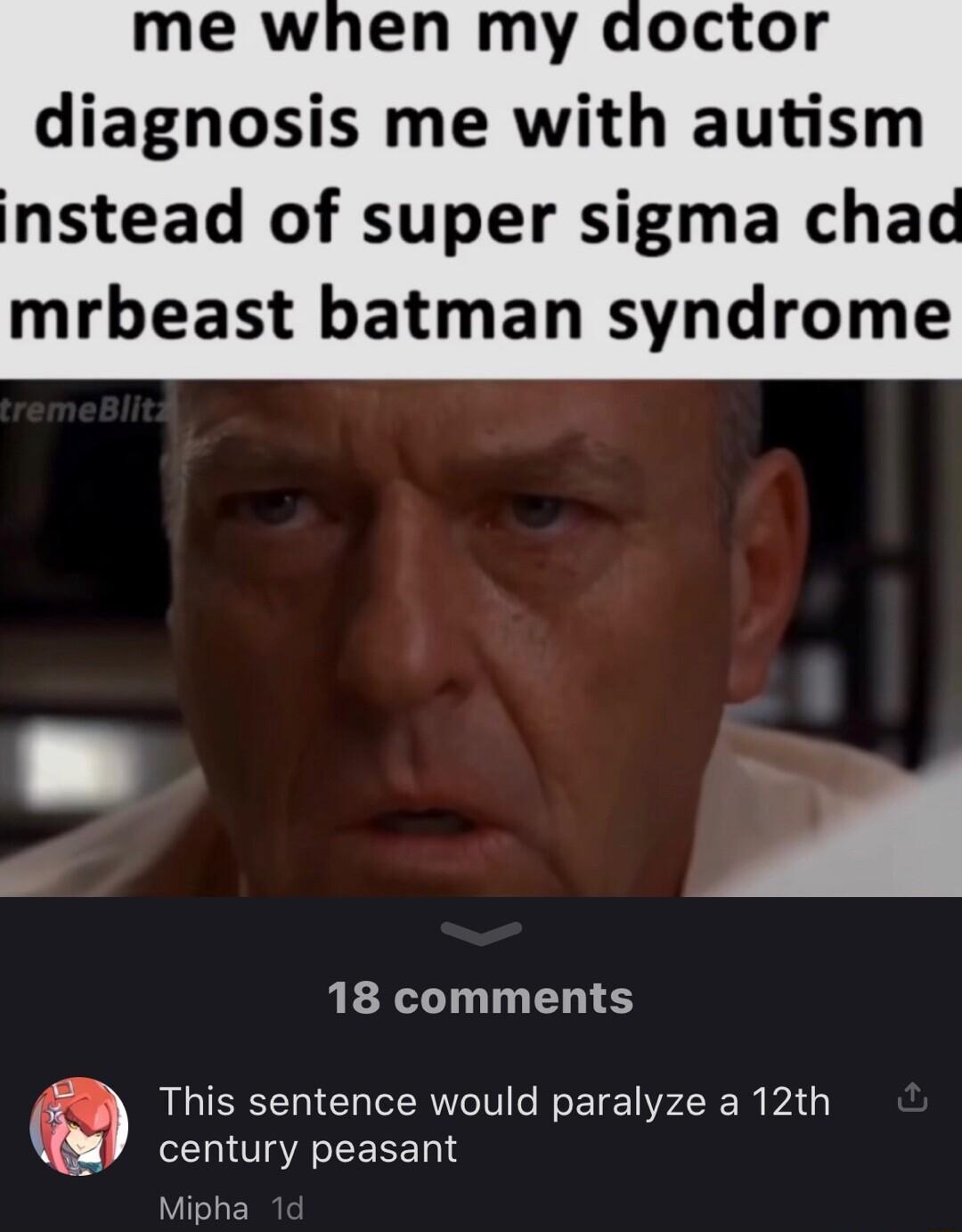 me when my doctor diagnosis me with autism nstead of super sigma chad mrbeast batman syndrome 18 comments This sentence would paralyze a 12th century peasant Mipha
