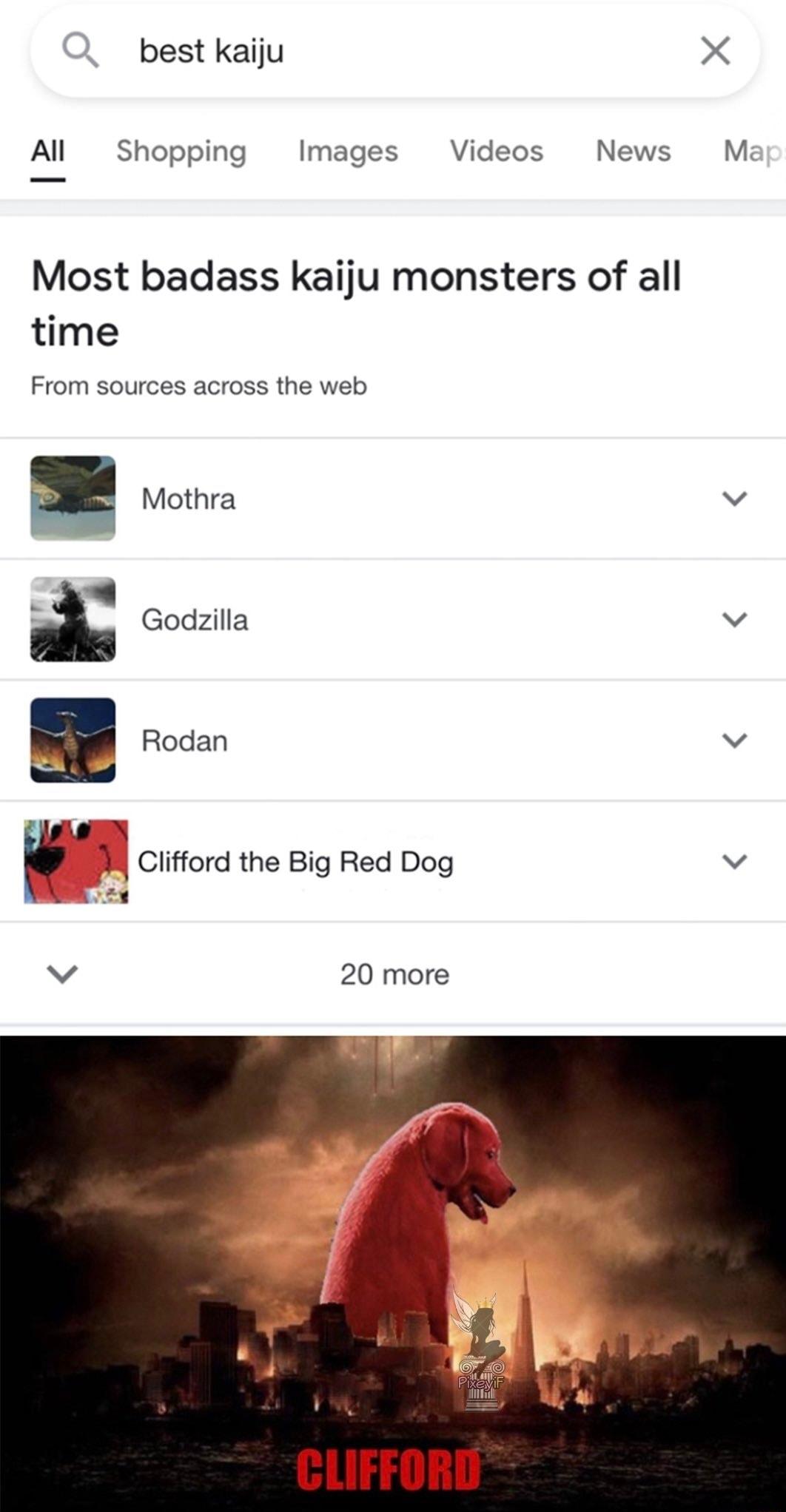 best kaiju X All Shopping Images Videos News M Most badass kaiju monsters of all time From sources across the web Mothra v Godzilla v Rodan v 9N M Clifford the Big Red Dog v ___ i v 20 more CLIFFORD