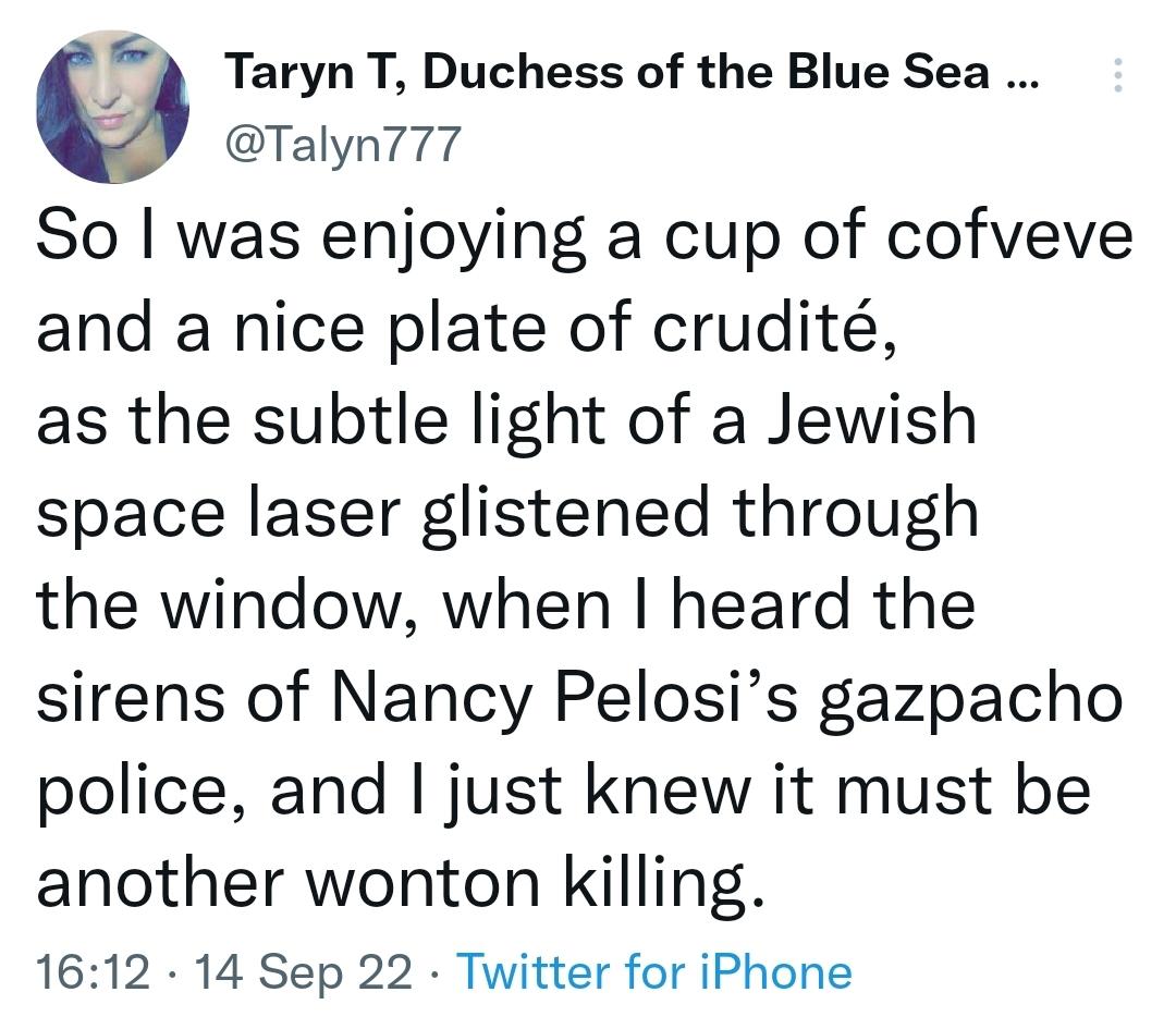 Taryn T Duchess of the Blue Sea Talyn777 So was enjoying a cup of cofveve and a nice plate of crudit as the subtle light of a Jewish space laser glistened through the window when heard the sirens of Nancy Pelosis gazpacho police and just knew it must be another wonton killing 1612 14 Sep 22 Twitter for iPhone