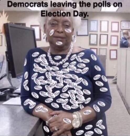 Democrats leaving the polls on Election Day. An elderly woman is covered in 'I Voted' stickers.