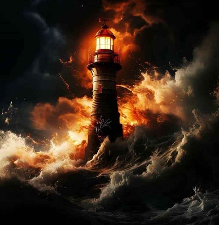 Lighthouse in a raging storm with turbulent waves