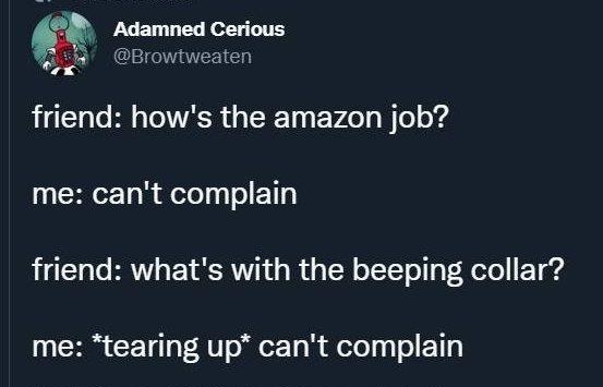 Adamned Cerious W Browtweaten friend hows the amazon job me cant complain friend whats with the beeping collar me tearing up cant complain 1013 PM Oct 20 2022 Twitter for Android 2821 Retweets 27 Quote Tweets 35K Likes