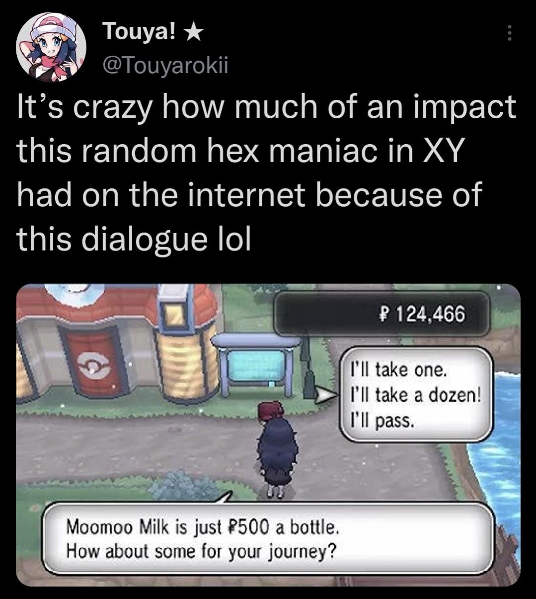 Touya oW Touyarokii Its crazy how much of an impact this random hex maniac in XY had on the internet because of this dialogue lol 124466 852 PM 25 Aug 22 Twitter for iPhone