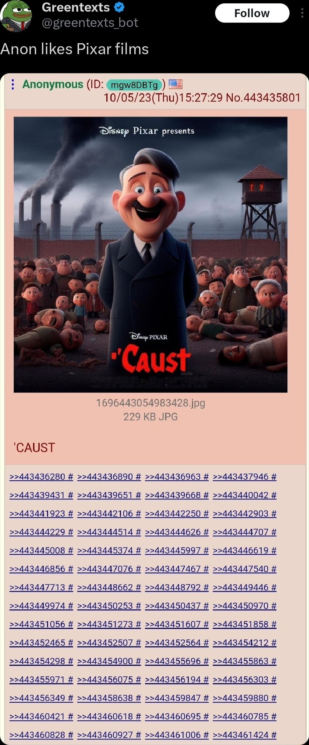 2 Greentexts b 14 eentexts bot Anon likes Pixar films i Anonymous ID igHEDETG 100523Thu152729 No443435801 Bfsuep Pixar presents Bprmcan 1696443054983 229KB JPG CAUST 55443030431 33443439651 22443441923 443442106 443442250 443442903 22443444200 443444514 443444626 443444707 25443445008 4434 5443445097 443446619 4 74 22443446856 22443447076 443447467 443447540 22443447713 22443448662 443448792 44344