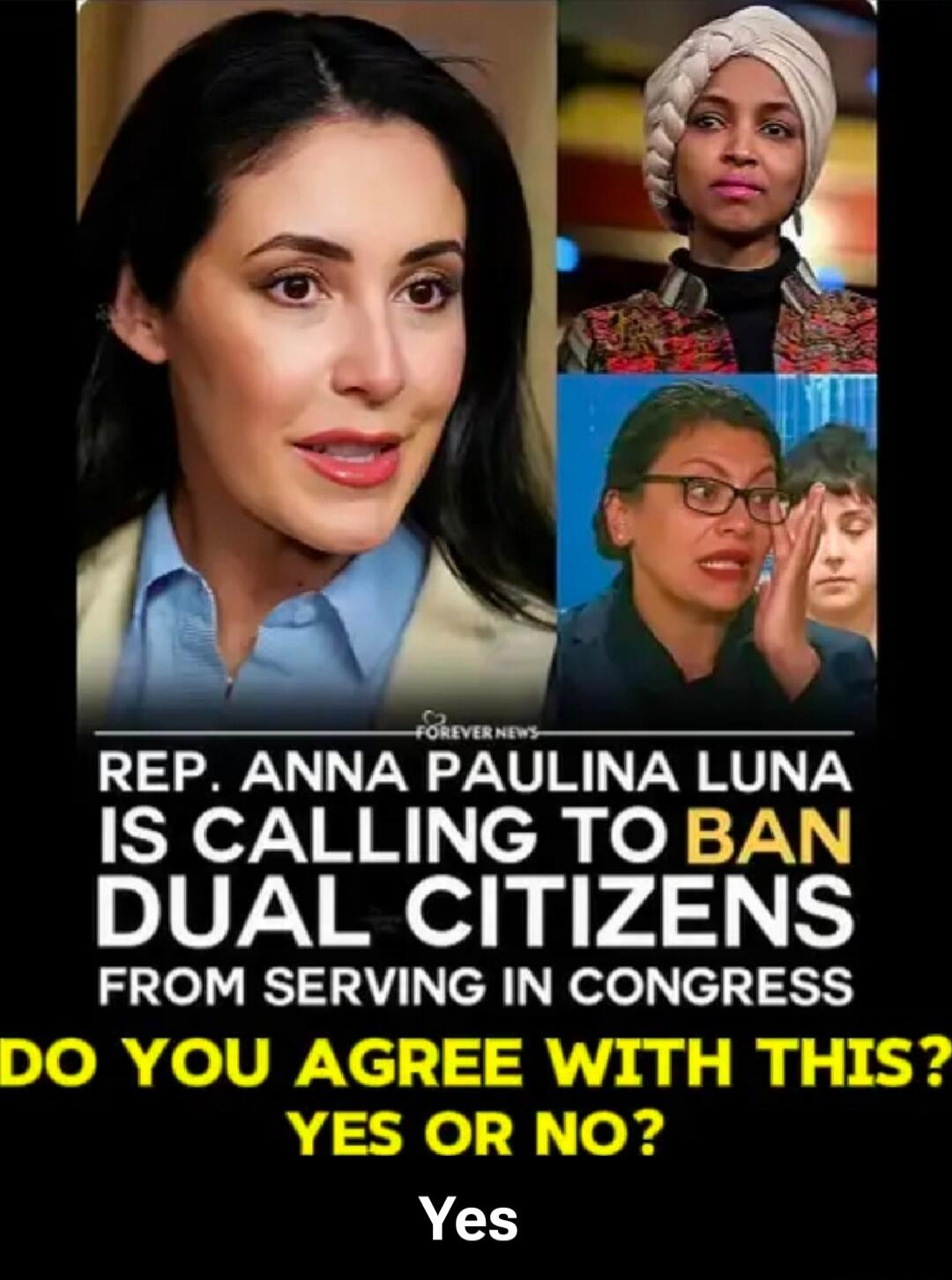 Rep. Anna Paulina Luna is calling to ban dual citizens from serving in Congress. Do you agree with this? Yes or no? Yes