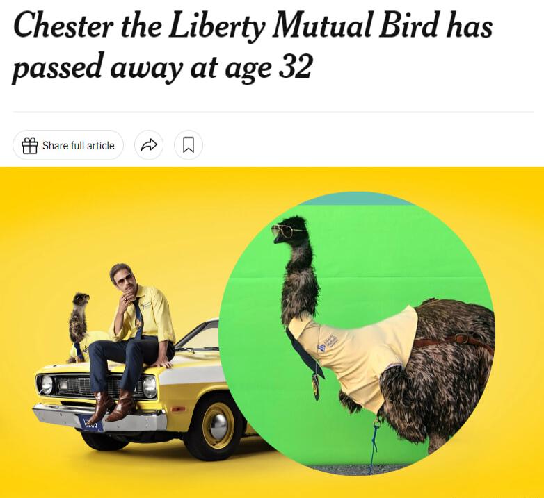 Chester the Liberty Mutual Bird has passed away at age 32