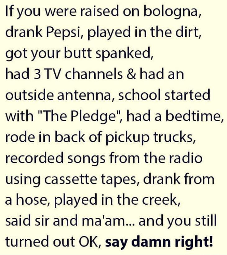 If you were raised on bologna drank Pepsi played in the dirt got your butt spanked had 3TV channels had an outside antenna school started with The Pledge had a bedtime rode in back of pickup trucks recorded songs from the radio using cassette tapes drank from a hose played in the creek said sir and maam and you still turned out OK say damn right